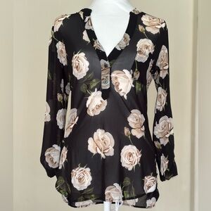 DNA Couture Black and Cream Long sleeve Mesh Floral Blouse Size Medium